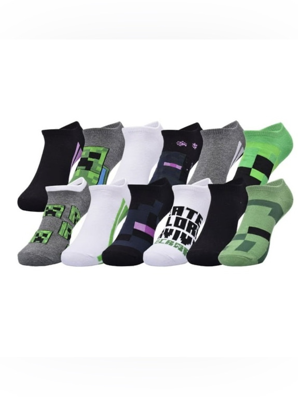 Boys No-Show Minecraf Socks - Green, Black, White, Gray (12-Pack)